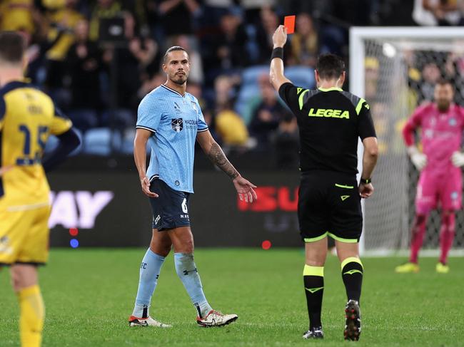 Sydney FC’s Jack Rodwell receives a red card. Picture: Getty Images