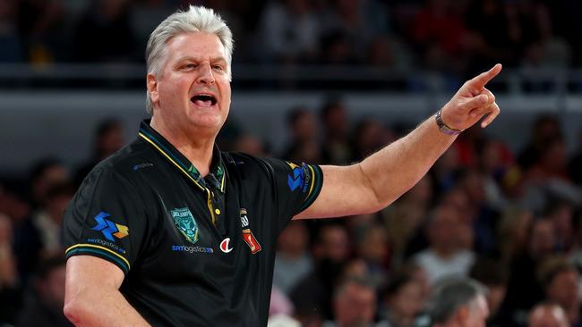 MELBOURNE, AUSTRALIA - DECEMBER 23: Jackjumpers Head Coach, Scott Roth gives instructions during the round 13 NBL match between Melbourne United and Tasmania Jackjumpers at John Cain Arena, on December 23, 2024, in Melbourne, Australia. (Photo by Josh Chadwick/Getty Images)