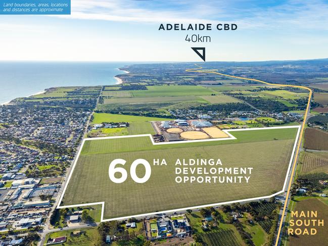 60ha of land bounded by Main South Rd, Aldinga Beach Rd, How Rd and Quinliven Rd that Renewal SA was selling. Picture: Renewal SA