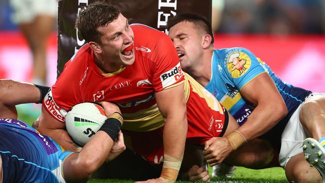 Jarrod Wallace barges over for a try. Picture: Getty