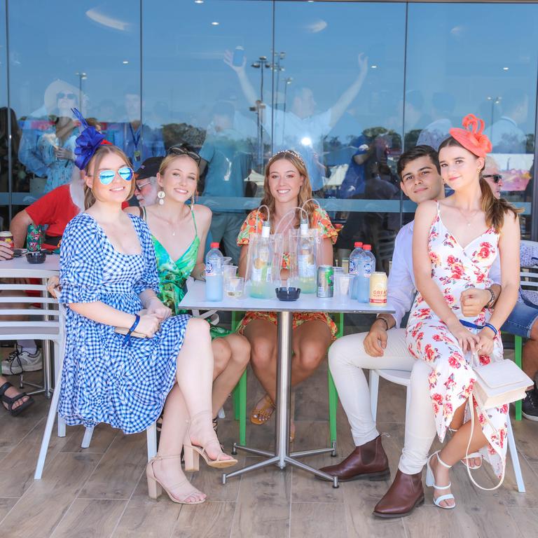 Lilli Manicaros, Lara Penney, Isabella Tinning, Theo Kakkinomagoulas and Chloe Williams at the 2021 Great Northern Darwin Cup. Picture: Glenn Campbell