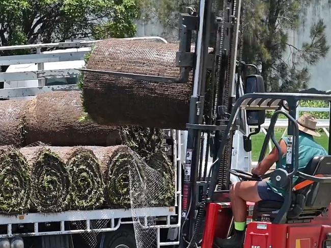 Work is underway to remove the poisoned section of track at the Gold Coast Turf club and replace it with new turf ahead of this weekends Magic Million race day Picture Supplied