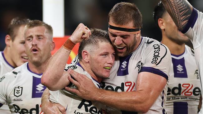 Harry Grant celebrates his match-winning try. Picture: Cameron Spencer/Getty Images