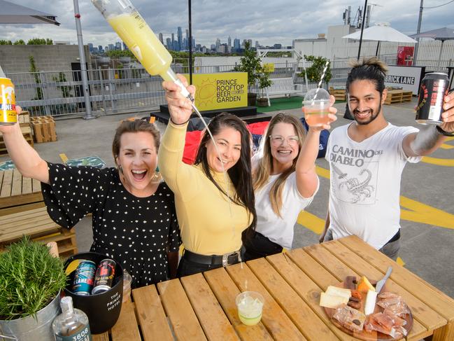 Melburnians will be shouting Ã¢â¬ÅfreedomÃ¢â¬Â from the rooftops when the Prince Hotel launches a new open-air beer garden on the top floor of its multi-level carpark - The Prince Rooftop Haley Shamray (black top with white spots), Chayelle Michard (mustard top), Celia McCarthy (white top) and Davin Carapyen celebrating the opening of the new rooftop bar.Picture: Jay Town