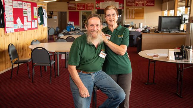 Blaze Aid volunteers Greg and Ann Stevens run the Blaze Aid operation from the Parndana football club . Picture: Brad Fleet