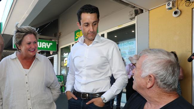 LNP leader David Crisafulli pictured with LNP Redcliffe candidate Kerri-Anne Dooley during a street walk. Picture: Liam Kidston