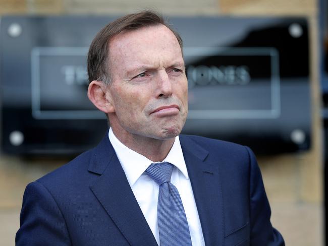 Shaken... Former Prime Minister Tony Abbott speaks to media today. Picture: Luke Bowden