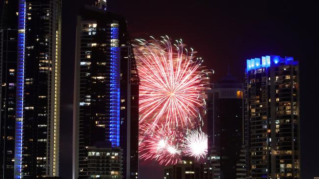 Q1 turns green and fireworks are set off to honour our healthcare workers and celebrate the easing of restrictions in Surfers Paradise. Picture: Glenn Hampson