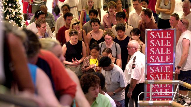 A massive crowd at Myer in Brisbane’s CBD for the Boxing Day sales in the 2001. Picture: Lyndon/Mechielsen.