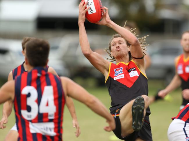 Dingley champion Lucas Walmsley pulls in a mark. Picture: Stuart Milligan