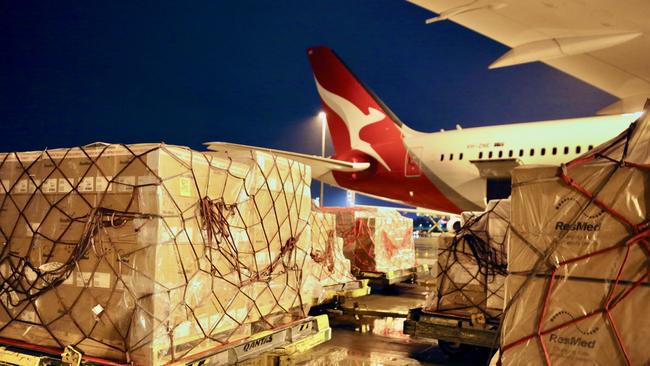 Medical supplies being loaded at Sydney airport and bound for India.