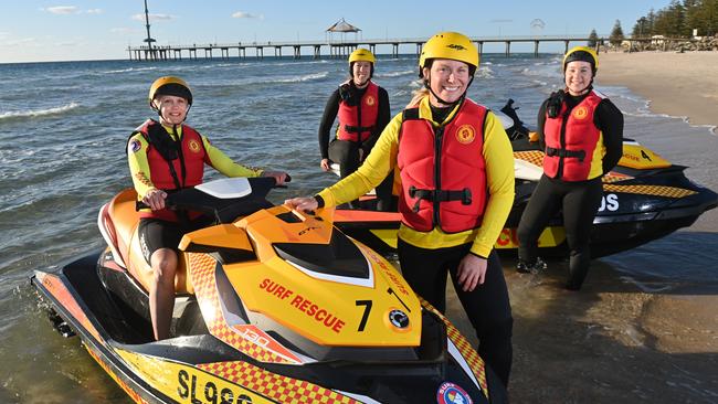 SLSSA is more than doubling its Emergency Operations Group jet ski team with the state’s first-all female crew, including Lee Dalzell (Seacliff SLSC), Hannah Darling (Grange SLSC), Katrina Meehan (Brighton SLSC) and Hayley Hosking (Seacliff SLSC). Picture: Keryn Stevens