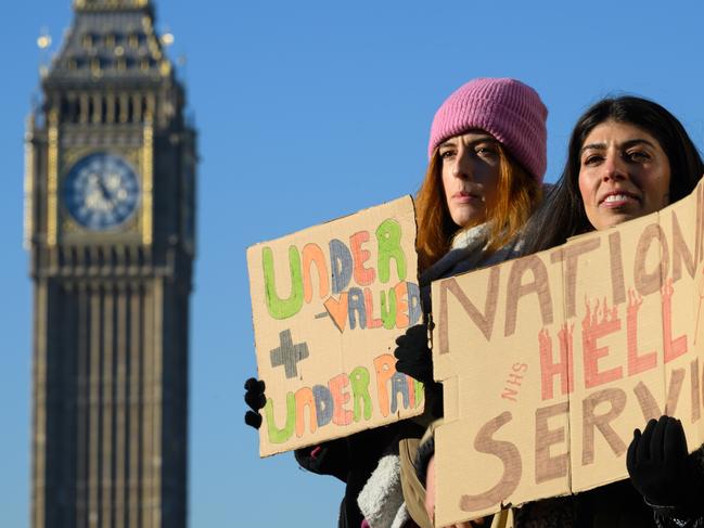 Nurses and supporters hold placards as they gather to demonstrate outside St Thomas' hospital in Westminster, London. Picture: Leon Neal/Getty Images