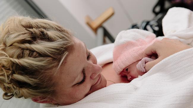 Selena Wool with her surrogate baby at hospital.