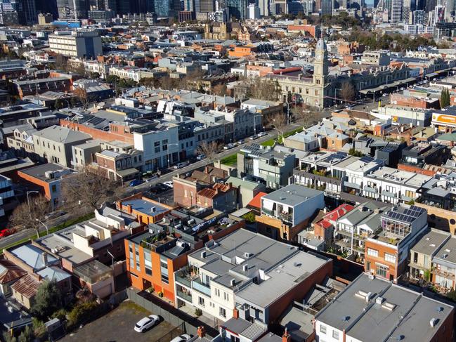 Aerial view of houses and apartments in popular inner city suburb of North Melbourne.