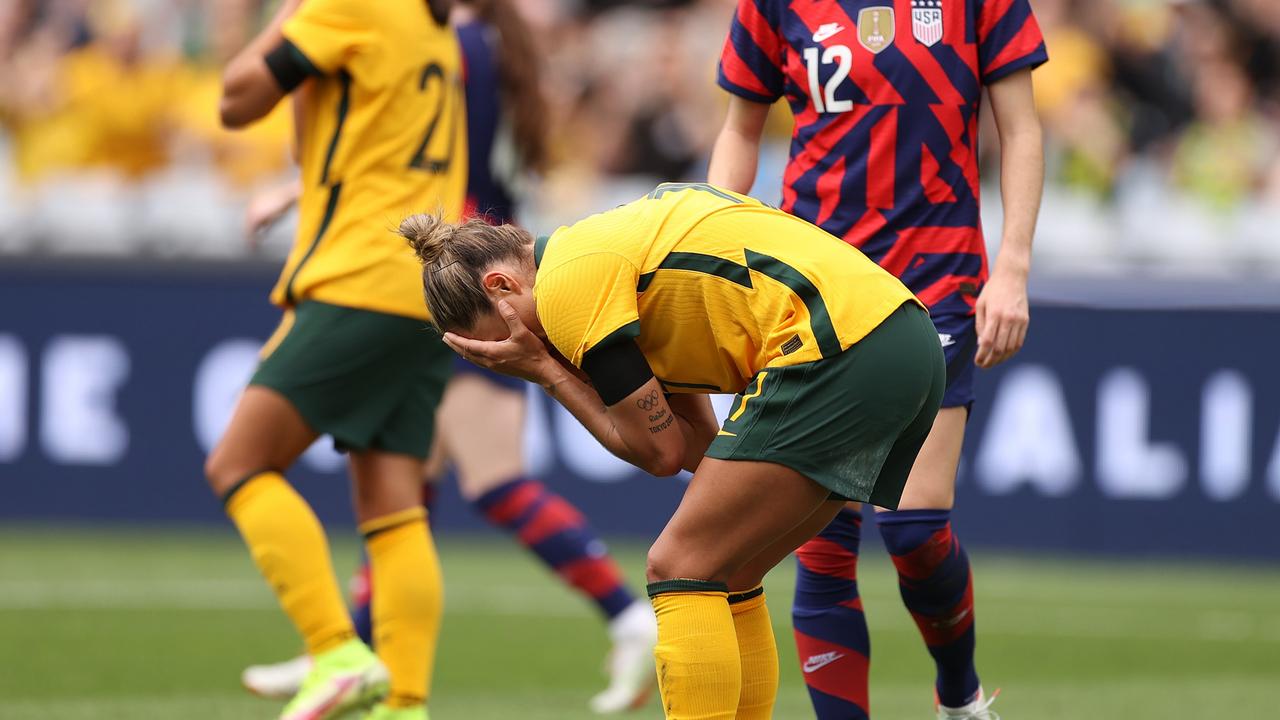 SYDNEY, AUSTRALIA - NOVEMBER 27: Kyah Simon of the Matildas reacts after a shot on goal went wide during game one of the series International Friendly series between the Australia Matildas and the United States of America Women's National Team at Stadium Australia on November 27, 2021 in Sydney, Australia. (Photo by Mark Kolbe/Getty Images)