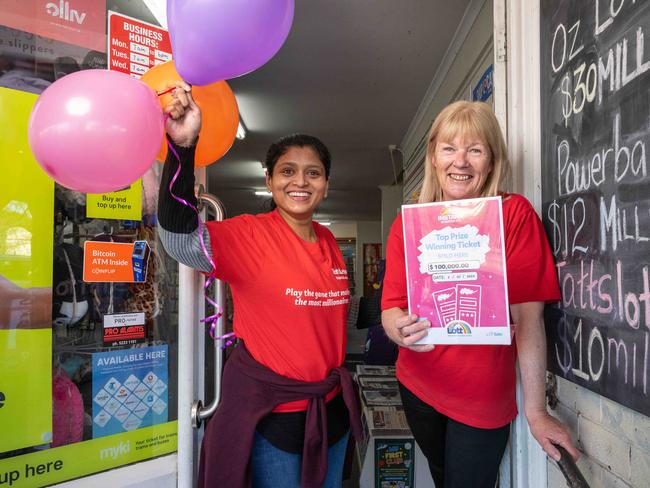 03-07-2024 Drysdale Newsagent owner Sashi Sunnam and staff member Leanne OÃDowd celebrating a $100000 Scratch and Win. Picture: Brad Fleet