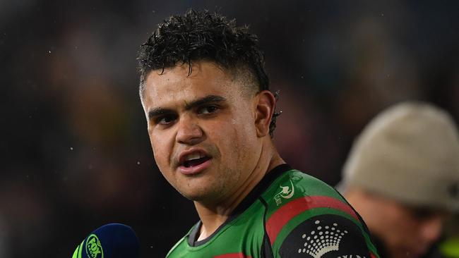 Latrell Mitchell talking to Fox League after his return match. Picture: NRL Images