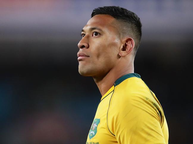 SYDNEY, AUSTRALIA - AUGUST 19:  Israel Folau of the Wallabies looks on during The Rugby Championship Bledisloe Cup match between the Australian Wallabies and the New Zealand All Blacks at ANZ Stadium on August 19, 2017 in Sydney, Australia.  (Photo by Matt King/Getty Images)