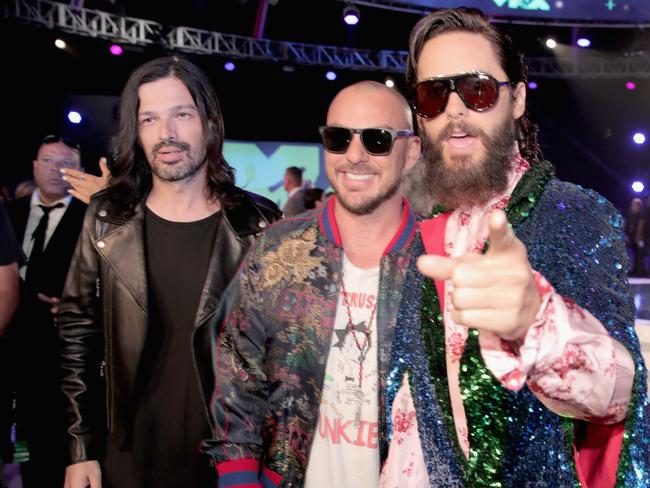 Tomo Milicevic, Shannon Leto, and Jared Leto of Thirty Seconds to Mars inside The Forum. Picture: Getty Images