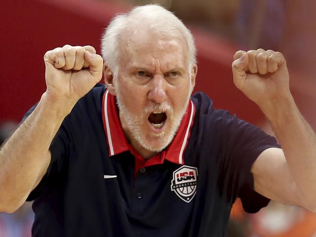 United States' coach Gregg Popovich gestures during a quarterfinal match against France for the FIBA Basketball World Cup in Dongguan in southern China's Guangdong province on Wednesday, Sept. 11, 2019. France defeated United States 89-79. (AP Photo/Ng Han Guan)