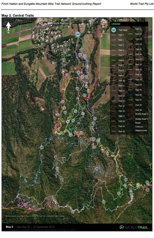 “Map 2 shows the central trails in the network, which lie directly south of the main Finch Hatton township,” tendering documents state. “The Stage 1 network is shown in this map and includes the trails between Trail 1 to Trail 16. Most of thetrails on this central area of the network are shuttle accessible via Shuttle Road 1 and Shuttle Road 2.” Picture: Mackay Regional Council