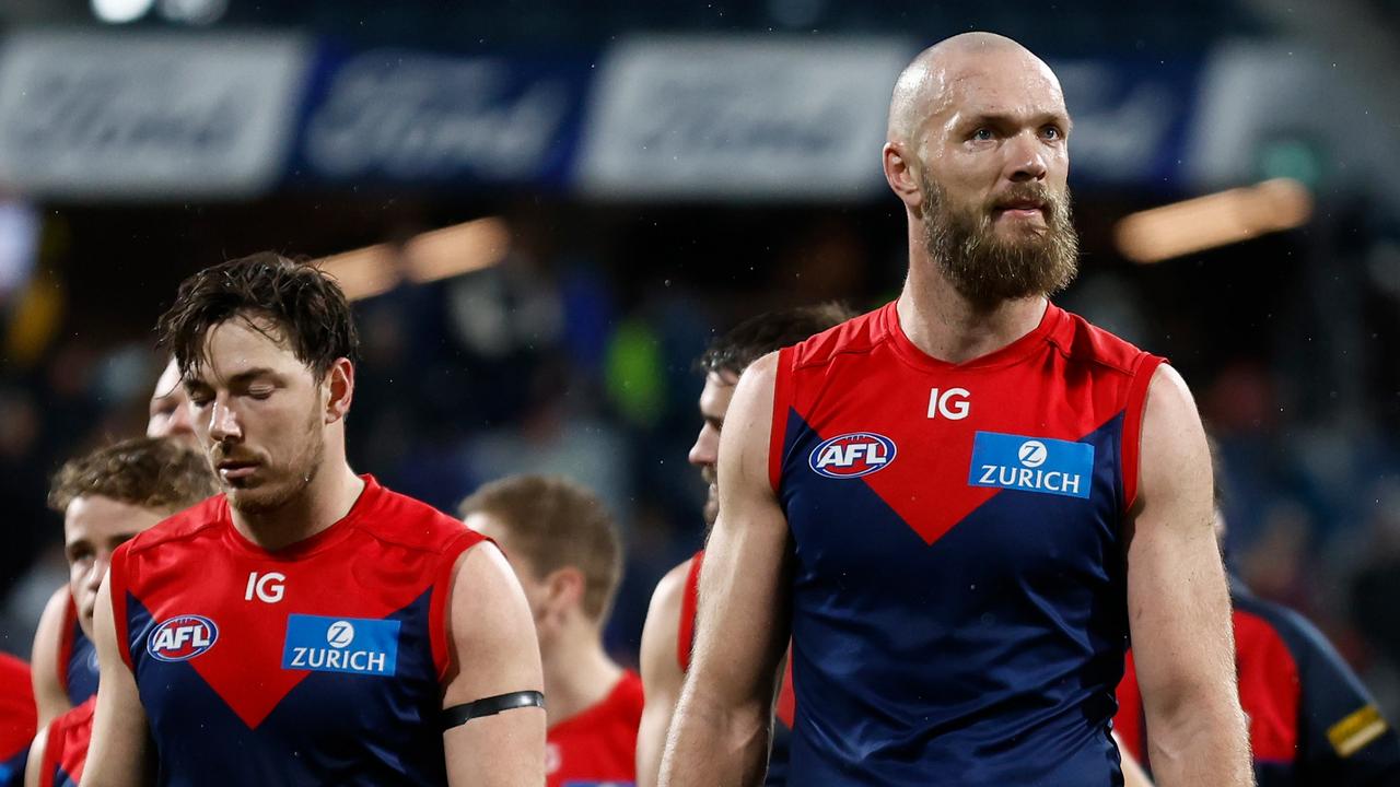 GEELONG, AUSTRALIA - JUNE 22: Max Gawn of the Demons looks dejected after a loss during the 2023 AFL Round 15 match between the Geelong Cats and the Melbourne Demons at GMHBA Stadium on June 22, 2023 in Geelong, Australia. (Photo by Michael Willson/AFL Photos via Getty Images)