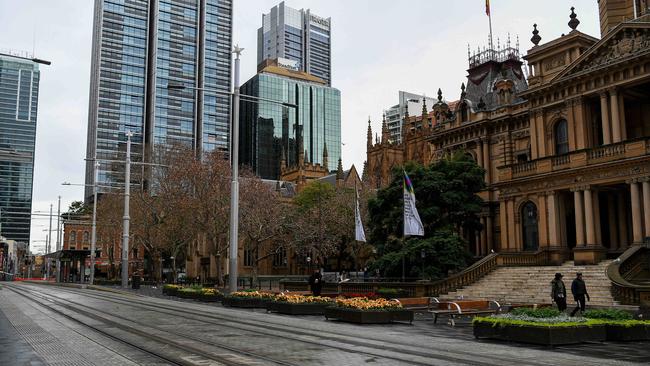 A deserted Town Hall plaza in Sydney’s CBD on Saturday. Picture: NCA NewsWire/Bianca De Marchi