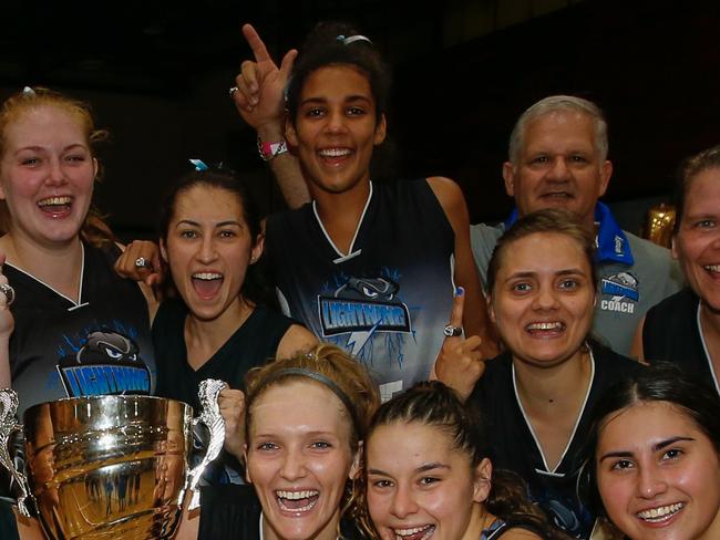 Lightning star post player April Rummery Lamb shown celebrating the 2020 DBA Championship triumph after her team downed Tracy Village in the final. Picture: Glenn Campbell