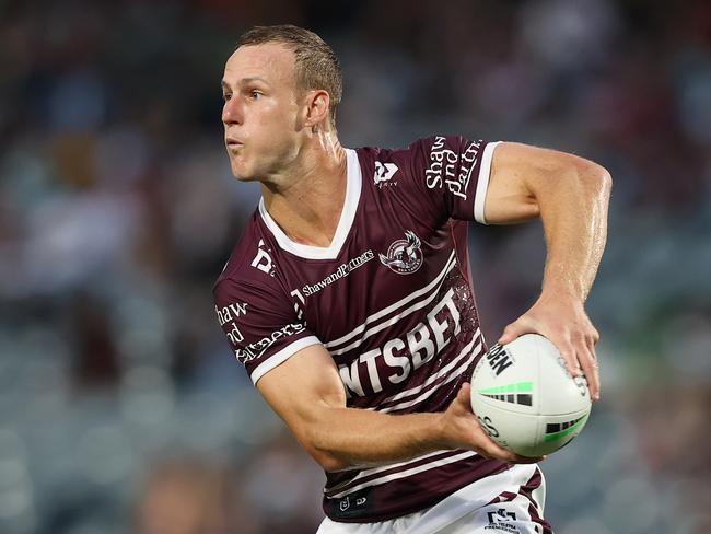 GOSFORD, AUSTRALIA - FEBRUARY 25: Daly Cherry-Evans of the Sea Eagles looks to pass during the NRL Trial Match between the Manly Sea Eagles and the Canberra Raiders at Central Coast Stadium on February 25, 2022 in Gosford, Australia. (Photo by Ashley Feder/Getty Images)