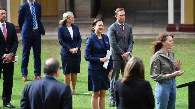 Queensland Premier Annastacia Palaszczuk (centre) is seen during a press conference to announced the Queensland Economic Recovery Strategy. Picture: AAP/Darren England