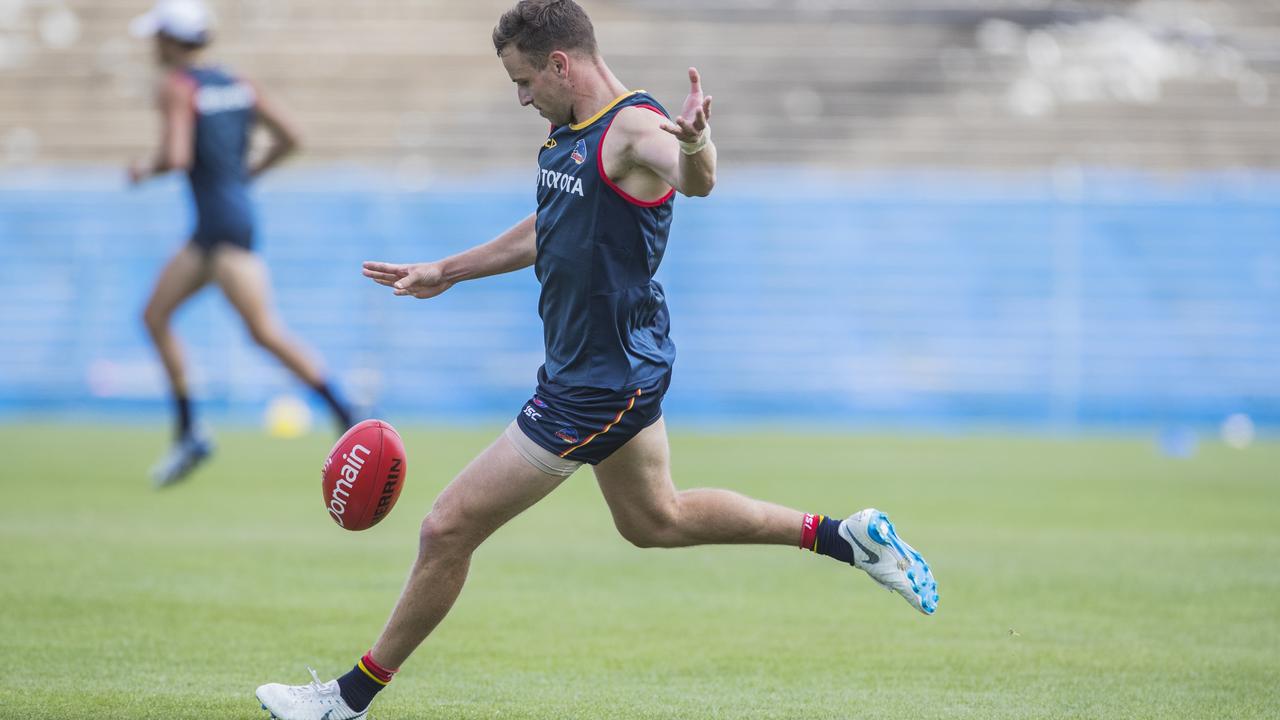 Adelaide Crows Brodie Smith training at Football Park during the demolition of the grandstands. Picture Simon Cross