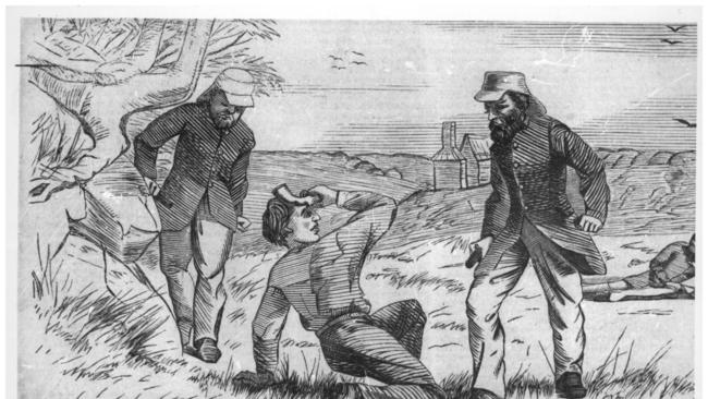 Bushranger John Dunn, aka 'Baby-face John' shot and trapped, the policeman he shot lying nearby.