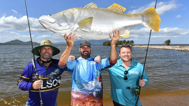 Townsville City councillors Kristian Price and Brady Ellis with Townsville Barramundi Restocking Group President Rhyce Bullimore at Ross River Dam. Picture: Evan Morgan