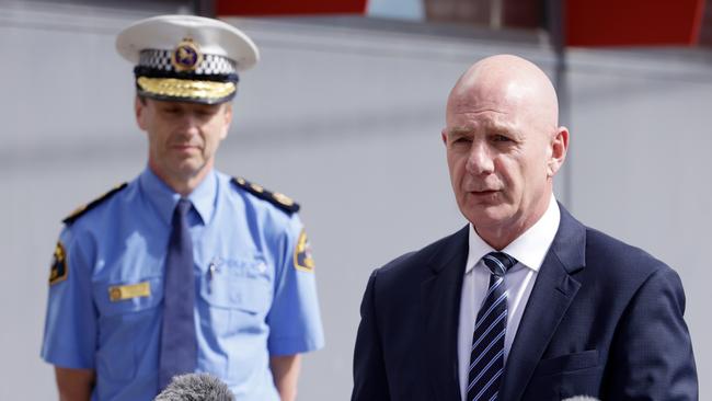 Tasmanian premier Peter Gutwein and Police Commissioner Darren Hine during the press conference outside Devonport Police station. Picture: Grant Viney.