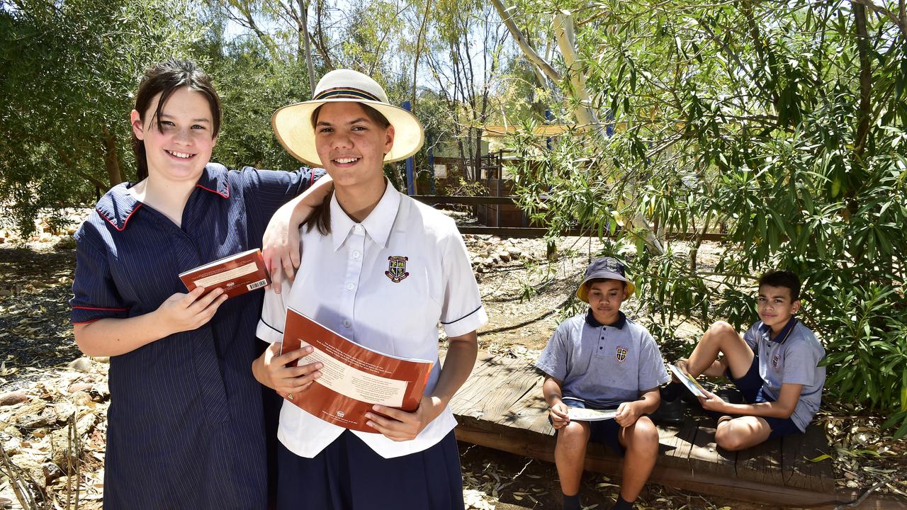 St Philips College students Hayley Nicolle, (wearing dark dress) Ruby Kunoth-Months,(wearing white shirt) Angus Baty (wearing hat), Jacob Foster. Picture by Chloe Erlich