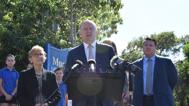 Opposition leader Anthony Albanese addressing the media with Lismore MP Janelle Saffin, Richmond MP Justine Elliot and councillor Reece Byrnes outside Murwillumbah East Public School on November 20. Photo: Jess Lamb