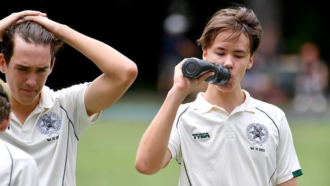 Brisbane Boys College players have a drink GPS First XI match between Brisbane Boys College and Nudgee College. Saturday March 12, 2022. Picture, John Gass