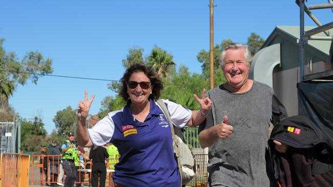 Sigrid Adams and Alan Spence say they're travelling around Australia on a mission to visit every footy ground the country has. They say they have three left, and Traeger has been their favourite so far.