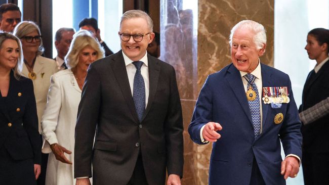 King Charles walks with Prime Minister Anthony Albanese around Parliament House after addressing a reception. Picture: David GRAY / POOL / AFP