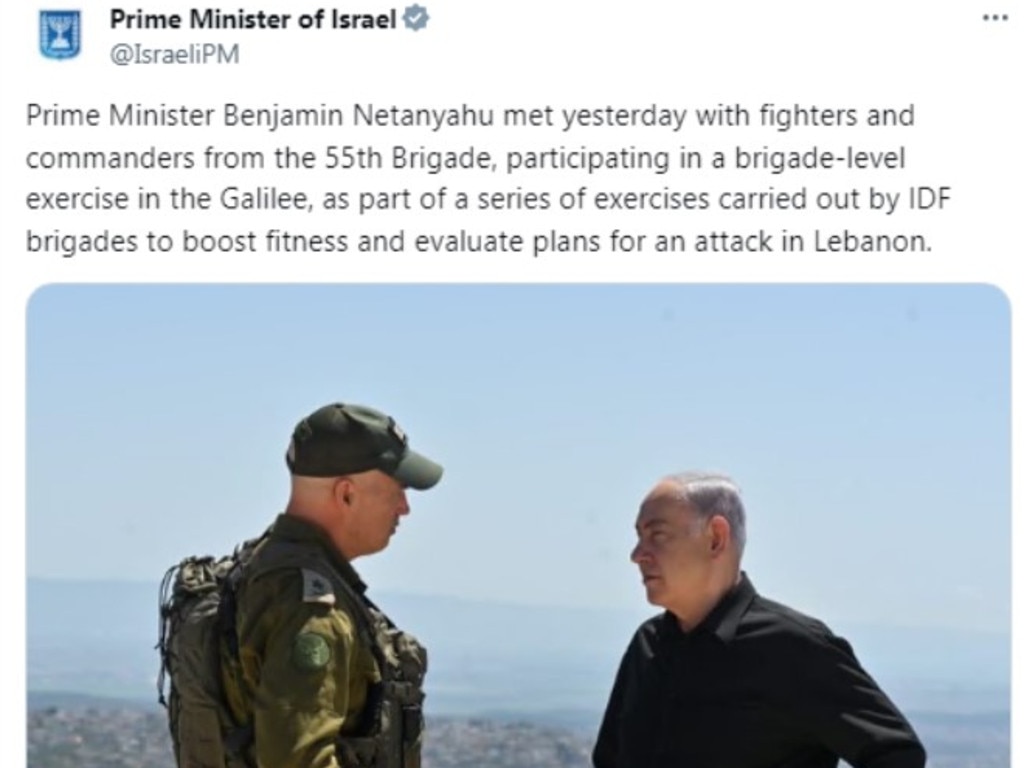 Israel’s Prime Minister Benjamin Netanyahu met with fighters and commanders from the 55th brigade, who are doing training for “an attack in Lebanon”. Picture: X