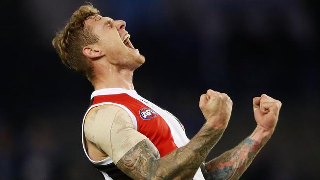 MELBOURNE, AUSTRALIA — JUNE 16: Tim Membrey of the Saints celebrates a goal during the 2017 AFL round 13 match between the North Melbourne Kangaroos and the St Kilda Saints at Etihad Stadium on June 16, 2017 in Melbourne, Australia. (Photo by Adam Trafford/AFL Media/Getty Images)