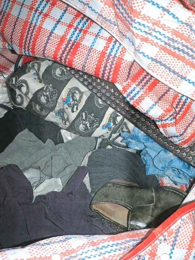 A bag of Bayley’s clothes seized from his Coburh home.