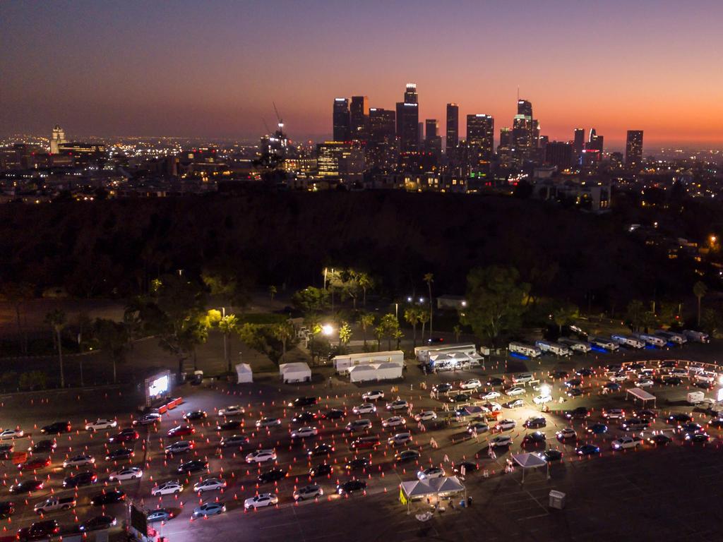 Cars lining up at Dodger Stadium to get a coronavirus test in Los Angeles, California. Picture: Robyn Beck/AFP