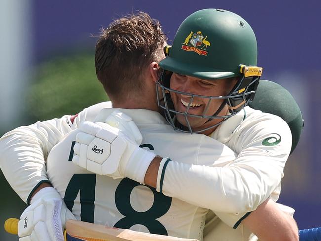 GALLE, SRI LANKA - JANUARY 30: Josh Inglis of Australia celebrates with Alex Carey after scoring a century during day two of the First Test match in the series between Sri Lanka and Australia at Galle International Stadium on January 30, 2025 in Galle, Sri Lanka.  (Photo by Robert Cianflone/Getty Images)