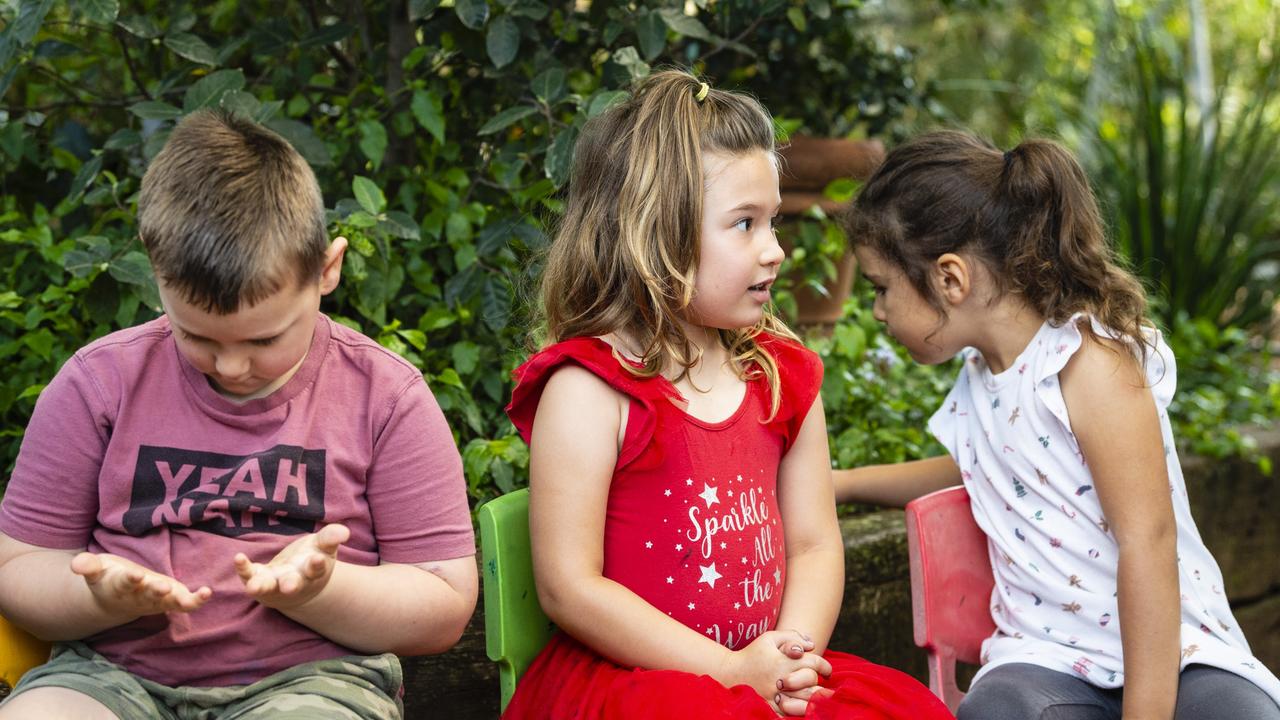 Mirambeena Childrens Centre pre-prep group members (from left) Henry Macdonald, Samantha Coleman and Kora Newton talk to a journalist about being ready for big school, Friday, December 10, 2021. Picture: Kevin Farmer