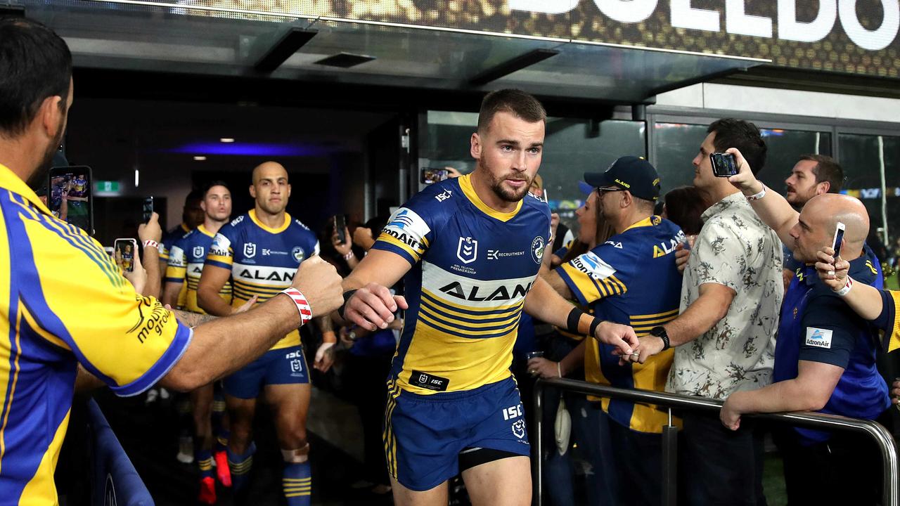Parramatta's Clinton Gutherson leads the Eels out at Bankwest Stadium.