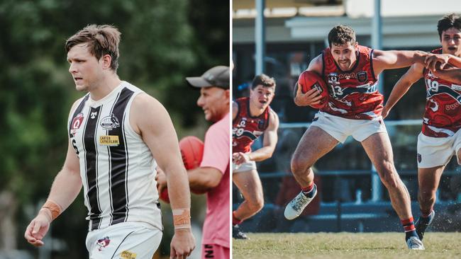 QAFL players Luke Mitchell (Sherwood) and Joel Budarick (Wilston Grange) in action. Pictures: Brooke Sleep Media.