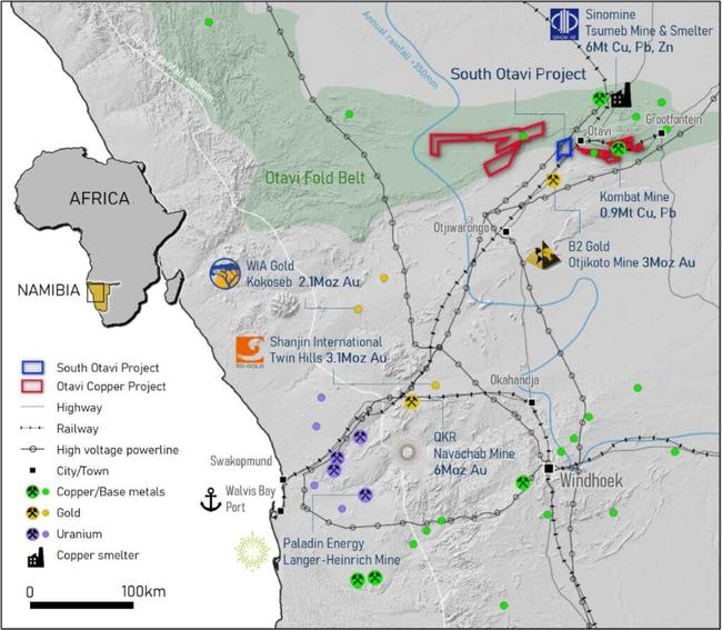 South Otavi Project location, with Namibian infrastructure. Image: MM1