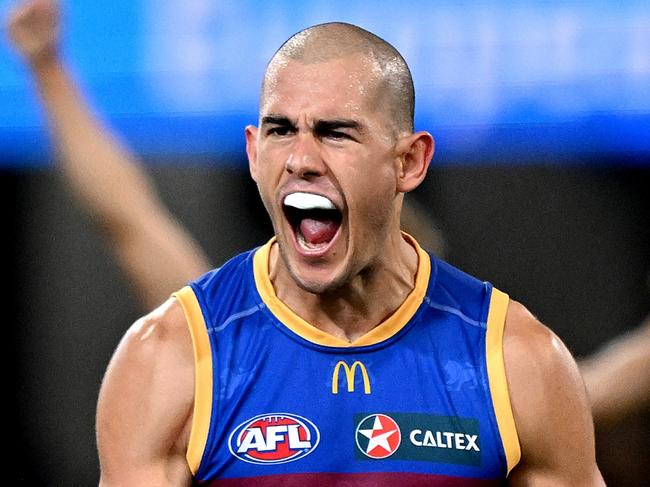 BRISBANE, AUSTRALIA - JUNE 14: Brandon Starcevich of the Lions celebrates kicking a goal during the round 14 AFL match between Brisbane Lions and St Kilda Saints at The Gabba, on June 14, 2024, in Brisbane, Australia. (Photo by Bradley Kanaris/Getty Images)